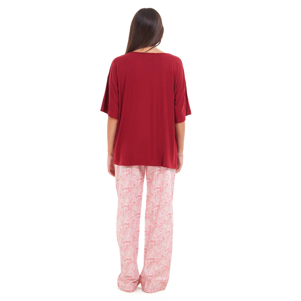 Women summer pajama set Red Oversized top + Red Flory Outines pants - Image 4
