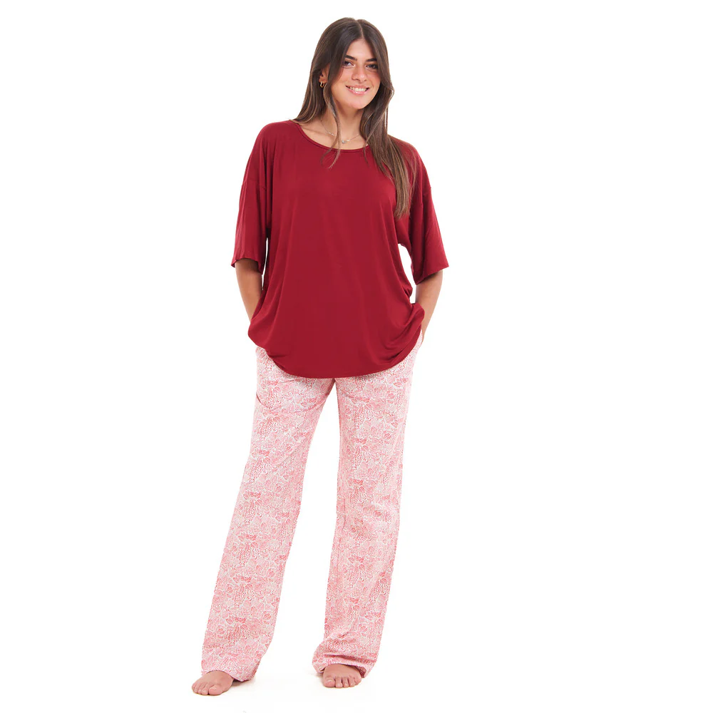 Women summer pajama set Red Oversized top + Red Flory Outines pants - Image 5