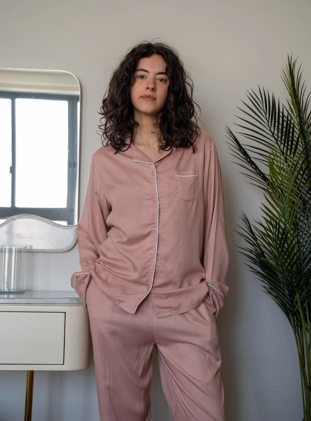 Women summer pajama set Rose buttoned shirt + Pants - Image 3
