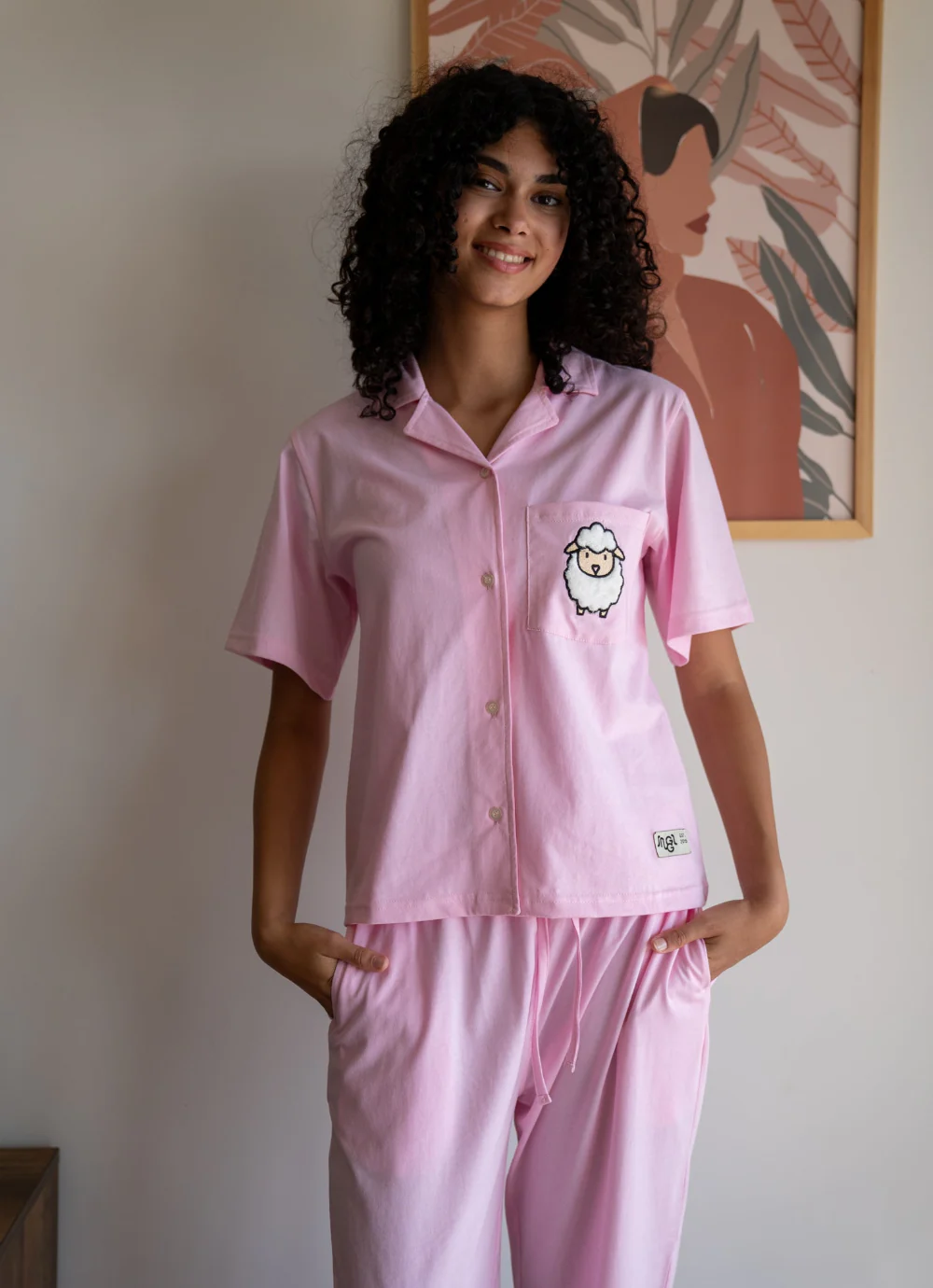 Women Summer Sheep PJ Set Rose Buttoned Shirt + Pants - Image 3