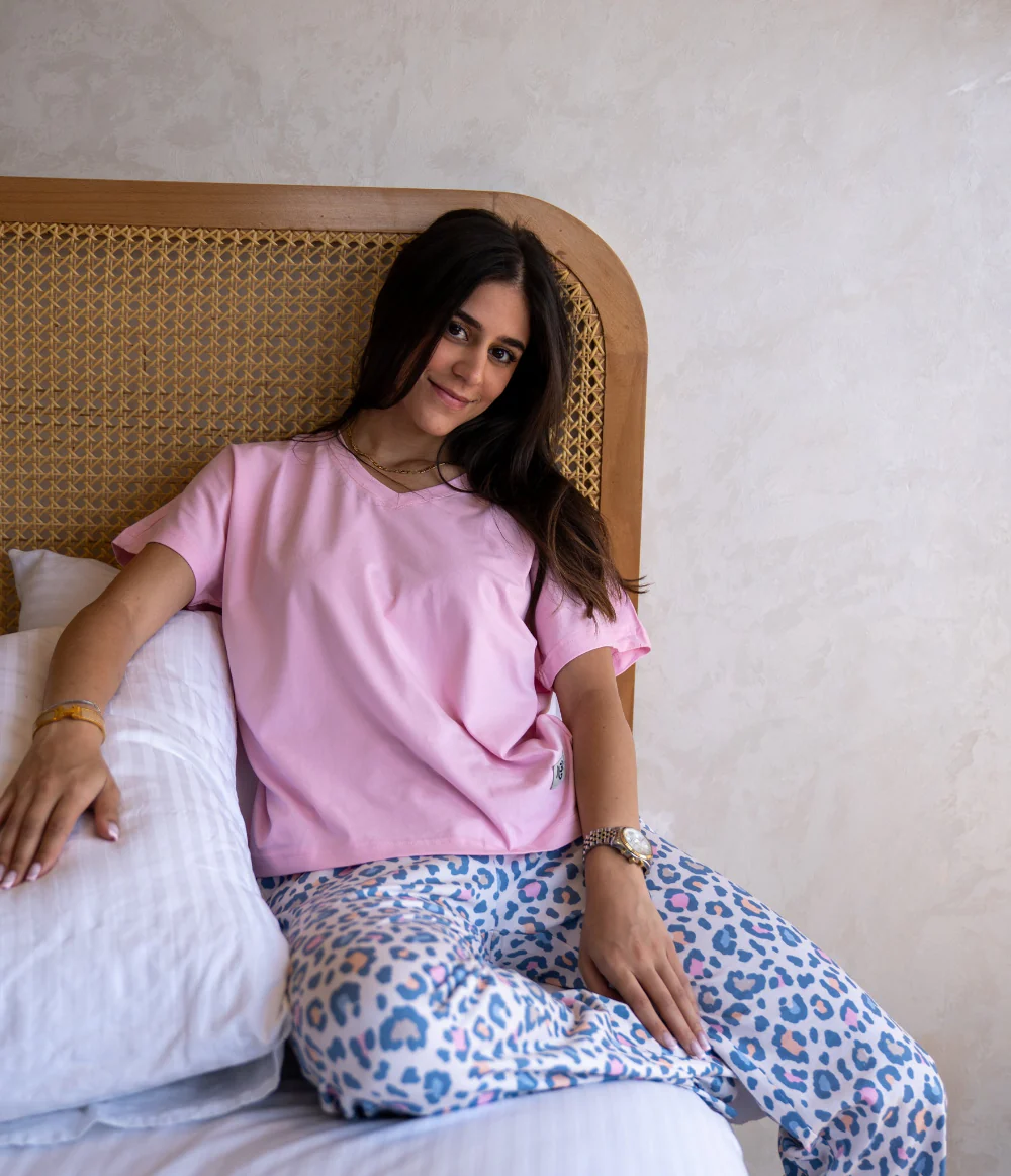 Women summer pajama set Rose T-shirt + Leopard Pants - Image 3