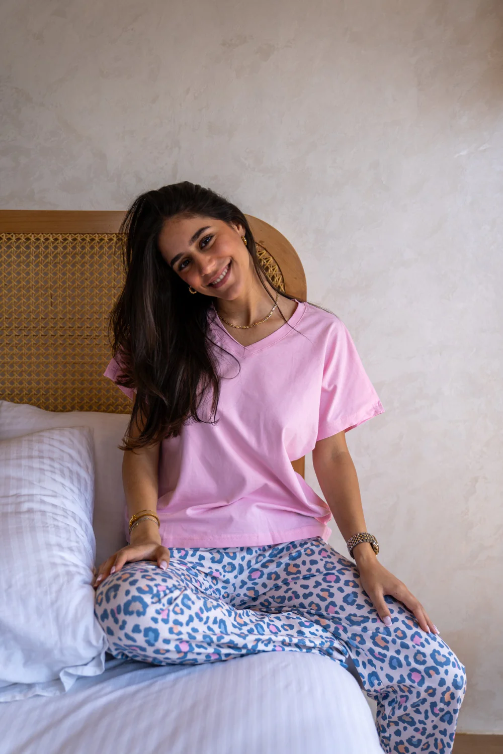 Women summer pajama set Rose T-shirt + Leopard Pants - Image 4