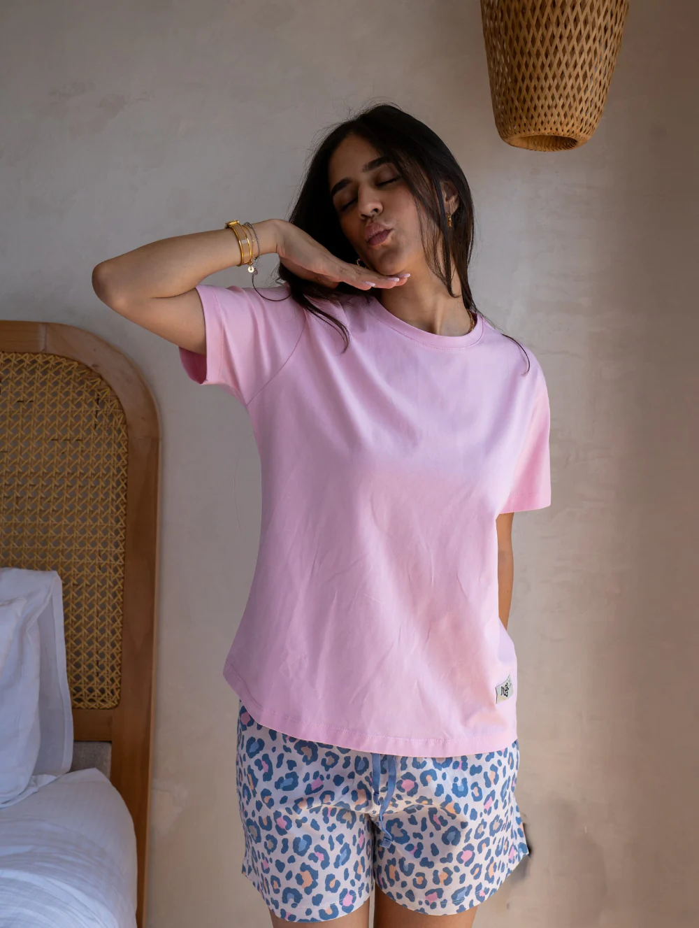 Women Summer Pajama set Rose T-shirt + Leopard Short - Image 4