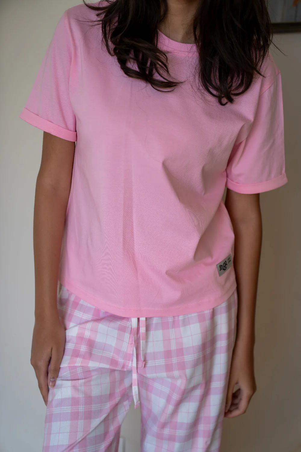 Women summer pajama set Rose T-shirt + Pink Poker Plaid Pants - Image 2