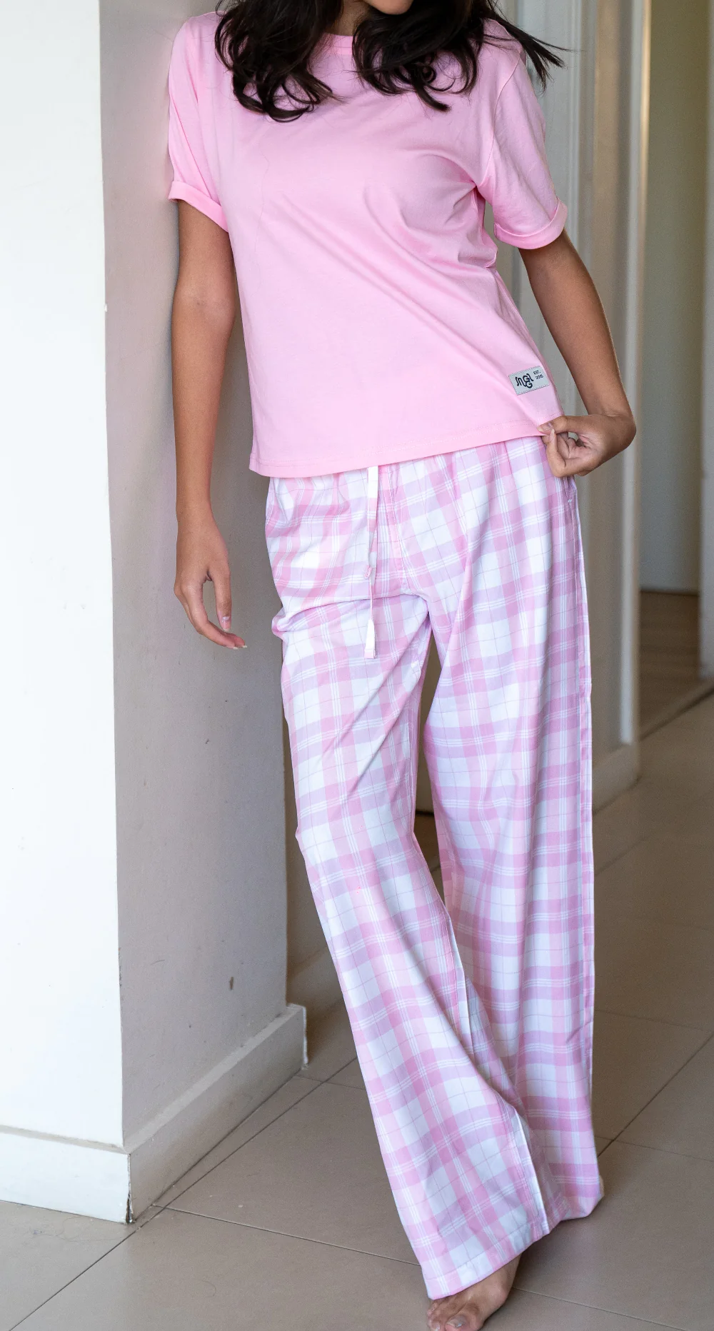Women summer pajama set Rose T-shirt + Pink Poker Plaid Pants - Image 3