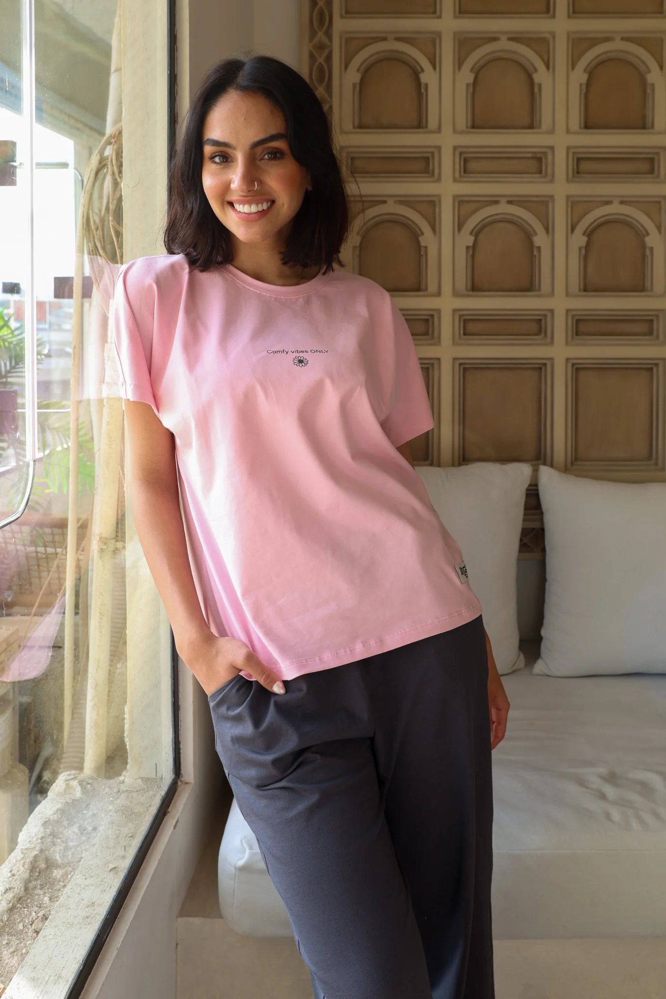 Women summer pajama set Rose T-shirt + Dark Grey Pants - Image 2