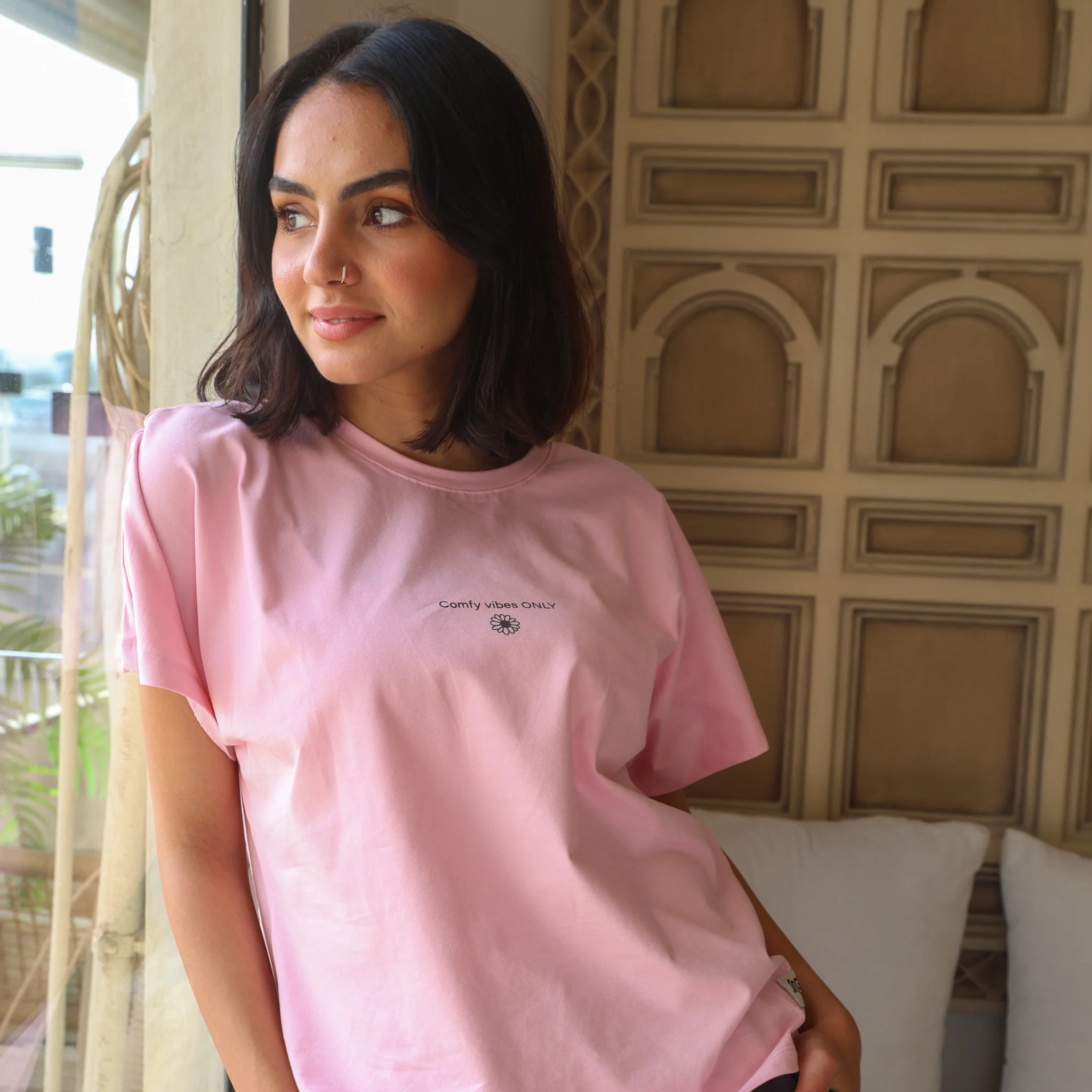 Women summer pajama set Rose T-shirt + Dark Grey Pants - Image 4
