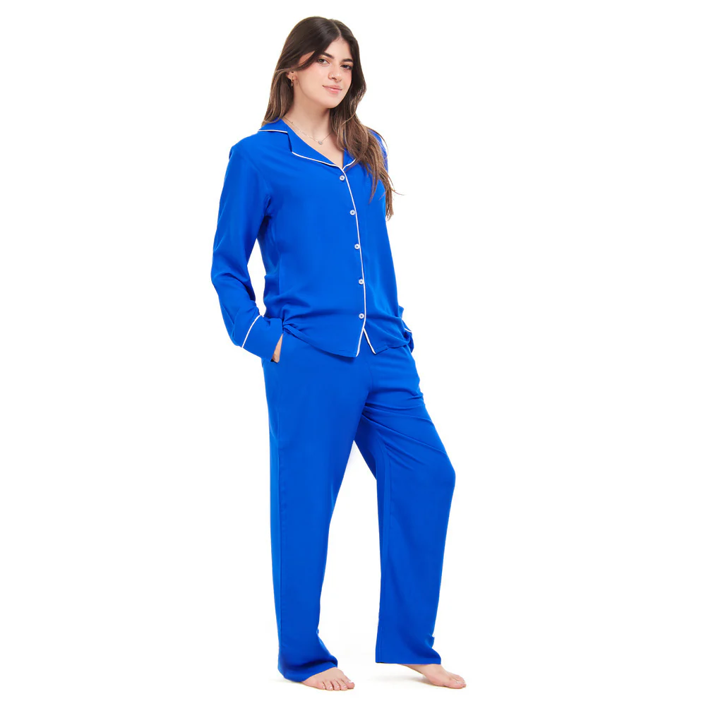 Women summer pajama set Royal Blue buttoned shirt + Pants - Image 2
