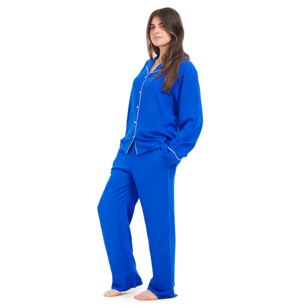 Women summer pajama set Royal Blue buttoned shirt + Pants - Image 3