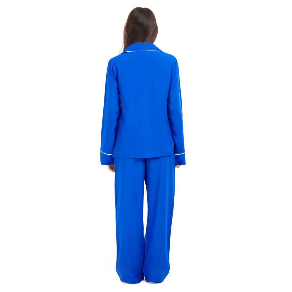 Women summer pajama set Royal Blue buttoned shirt + Pants - Image 4