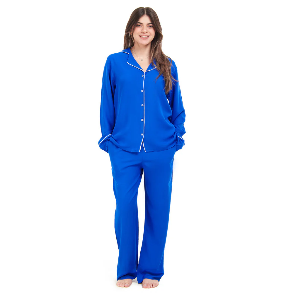 Women summer pajama set Royal Blue buttoned shirt + Pants - Image 5