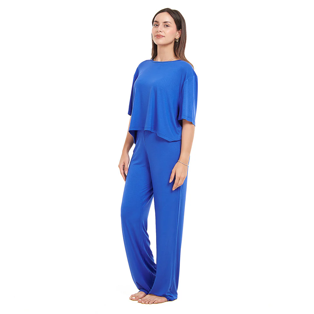 Women summer pajama set Royal Blue Cropped top + pants - Image 2