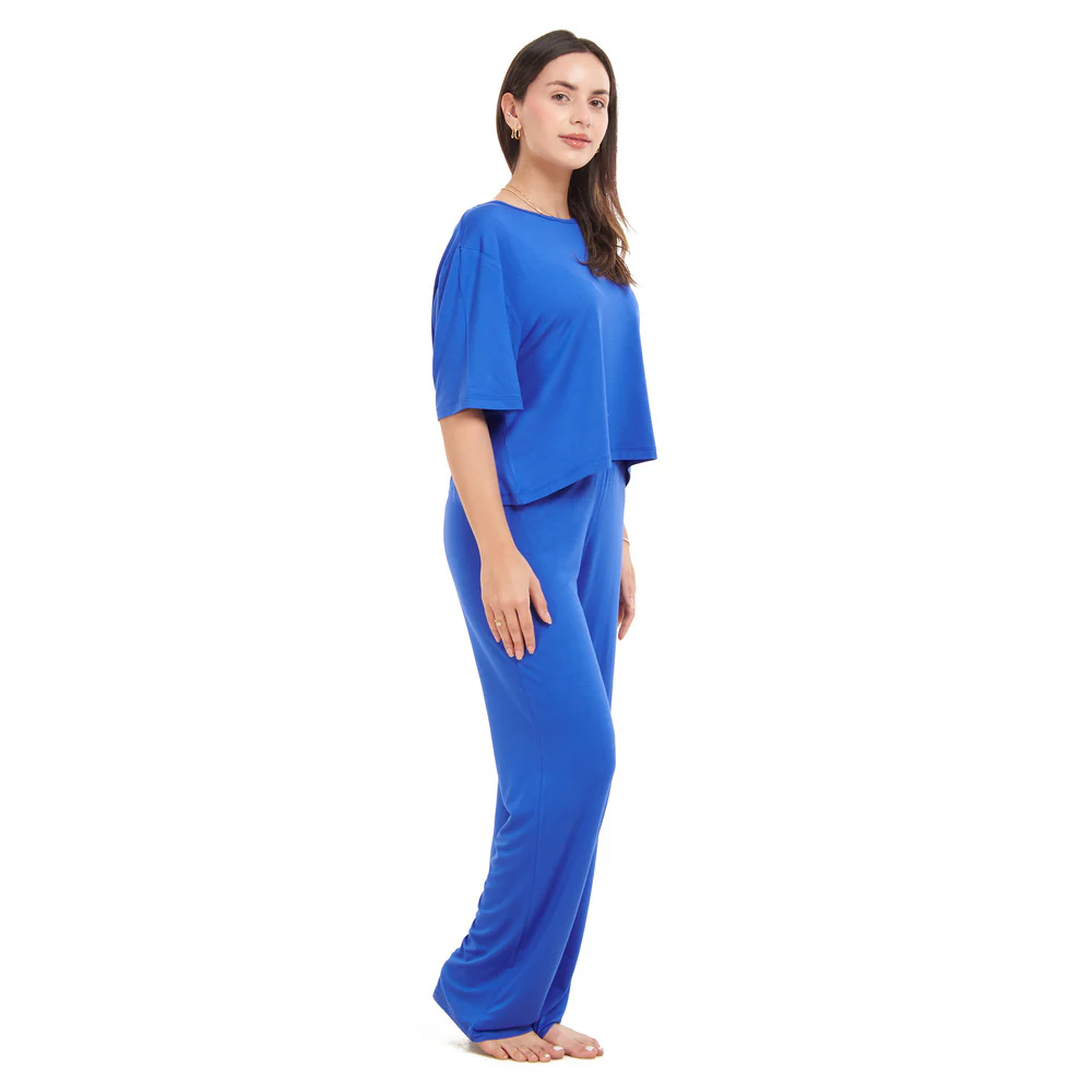 Women summer pajama set Royal Blue Cropped top + pants - Image 3