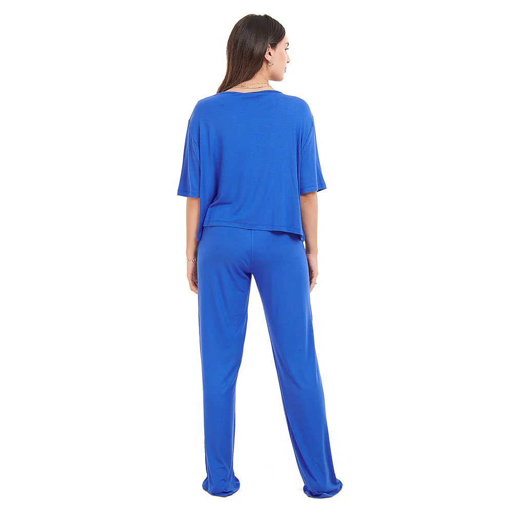 Women summer pajama set Royal Blue Cropped top + pants - Image 4