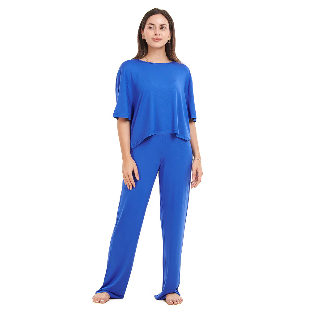 Women summer pajama set Royal Blue Cropped top + pants - Image 5