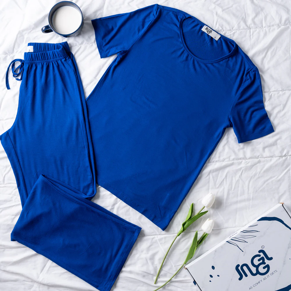 Women summer pajama set Royal blue shirt + Pants - Image 2