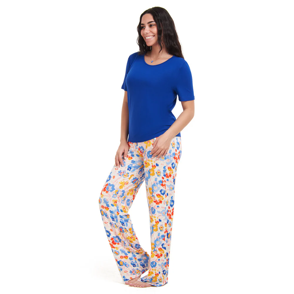 Women summer pajama set Royal Blue top + Colorful Blossoms pants - Image 2