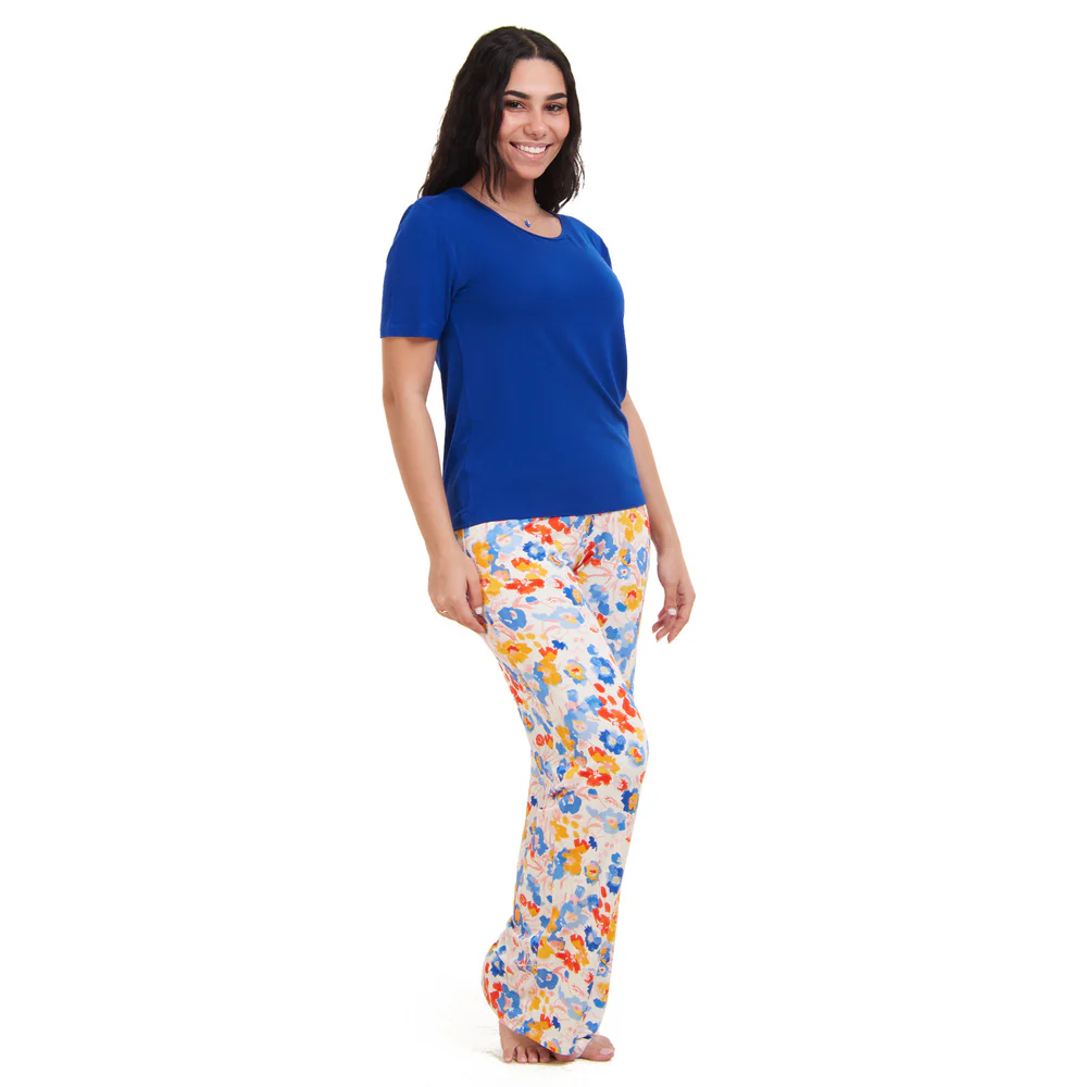 Women summer pajama set Royal Blue top + Colorful Blossoms pants - Image 3
