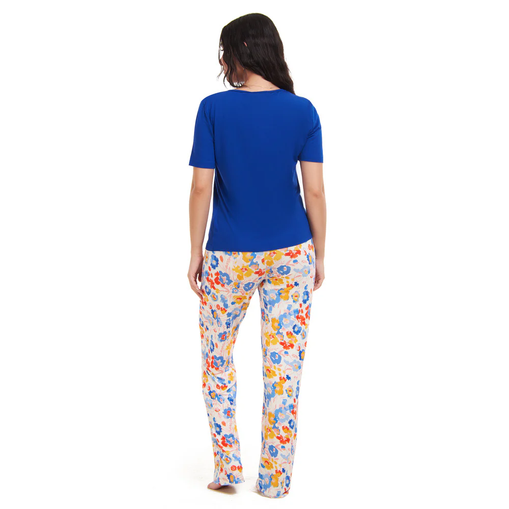 Women summer pajama set Royal Blue top + Colorful Blossoms pants - Image 4