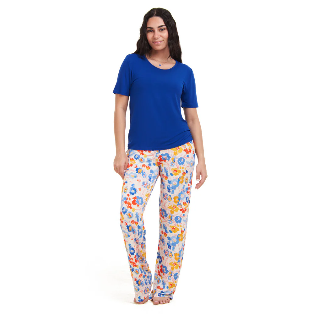 Women summer pajama set Royal Blue top + Colorful Blossoms pants - Image 5