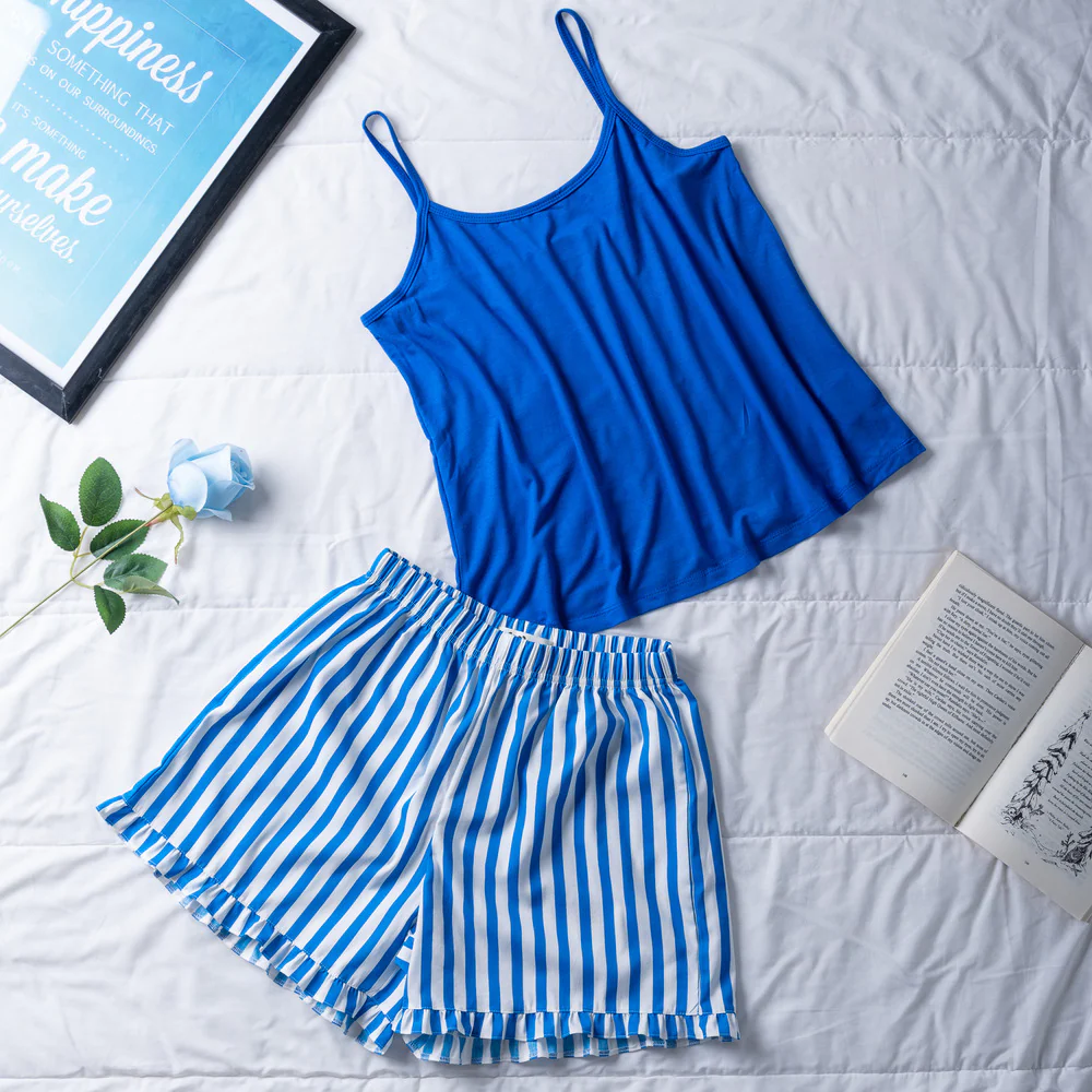 Women summer pajama set Royal Blue top + Royal blue striped shorts
