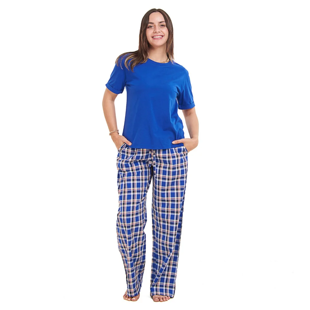 Women summer pajama set Royal blue top + Royal blue x Red Checkered Pants - Image 2