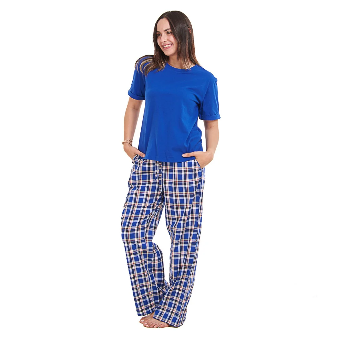 Women summer pajama set Royal blue top + Royal blue x Red Checkered Pants - Image 3