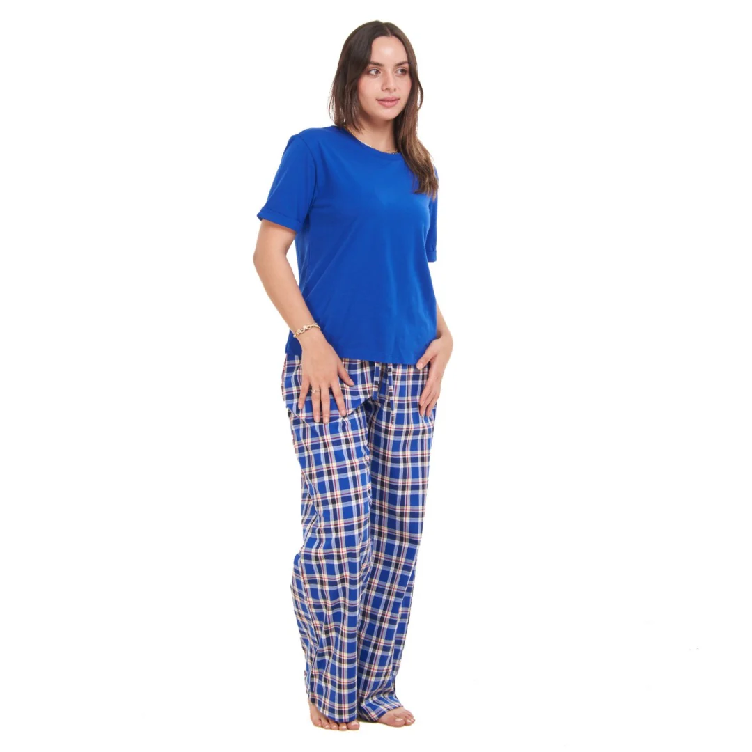 Women summer pajama set Royal blue top + Royal blue x Red Checkered Pants - Image 4