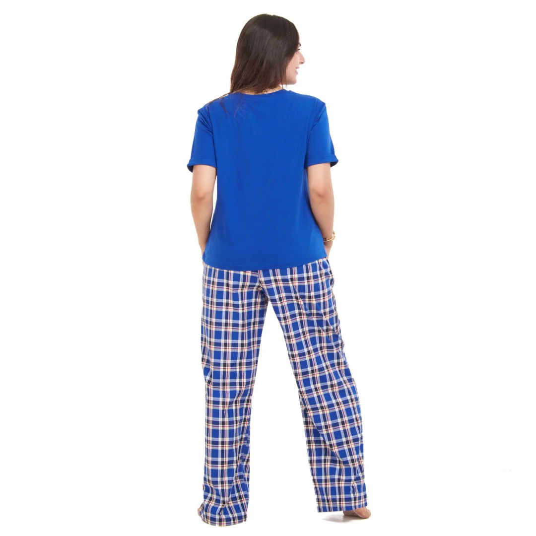 Women summer pajama set Royal blue top + Royal blue x Red Checkered Pants - Image 5