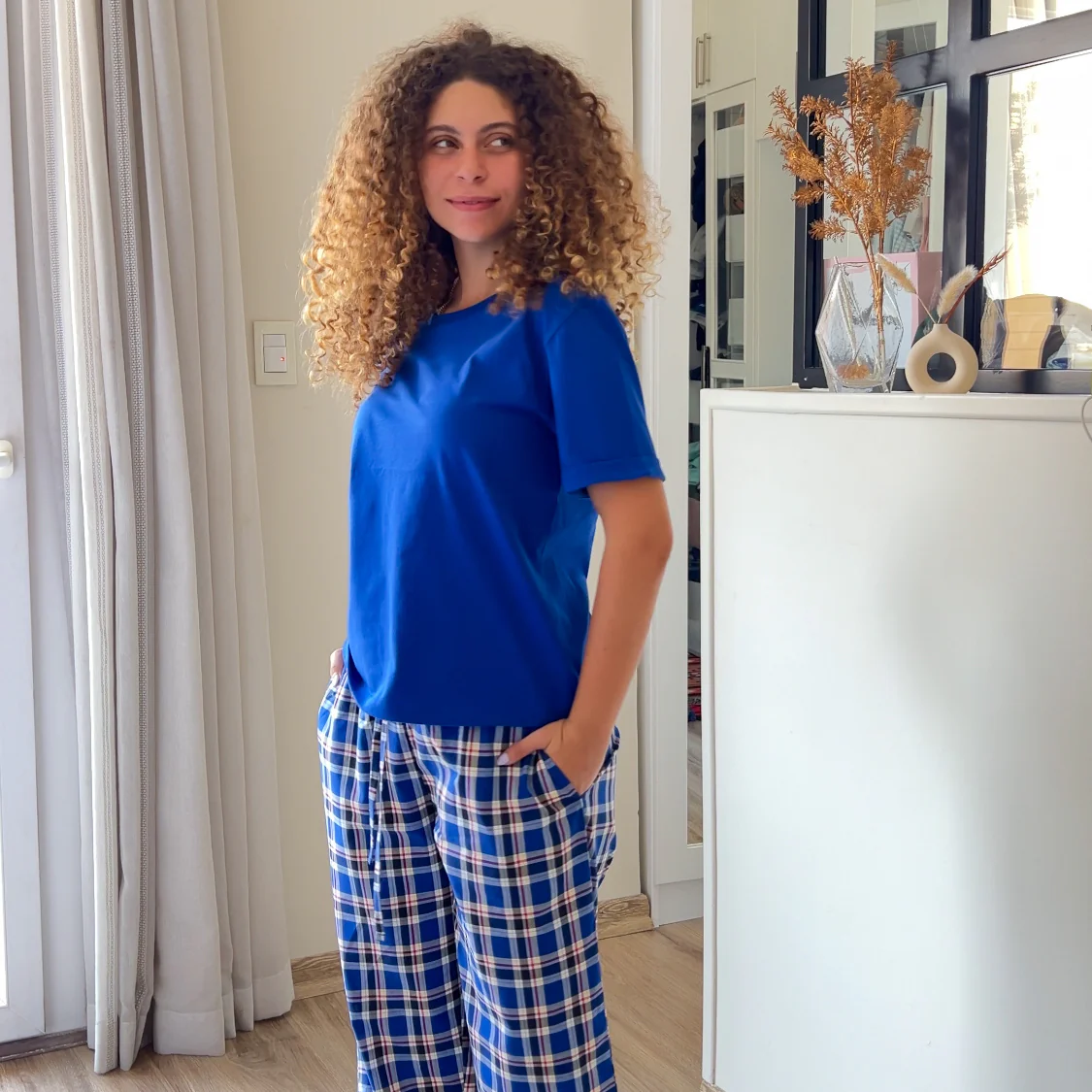 Women summer pajama set Royal blue top + Royal blue x Red Checkered Pants - Image 6