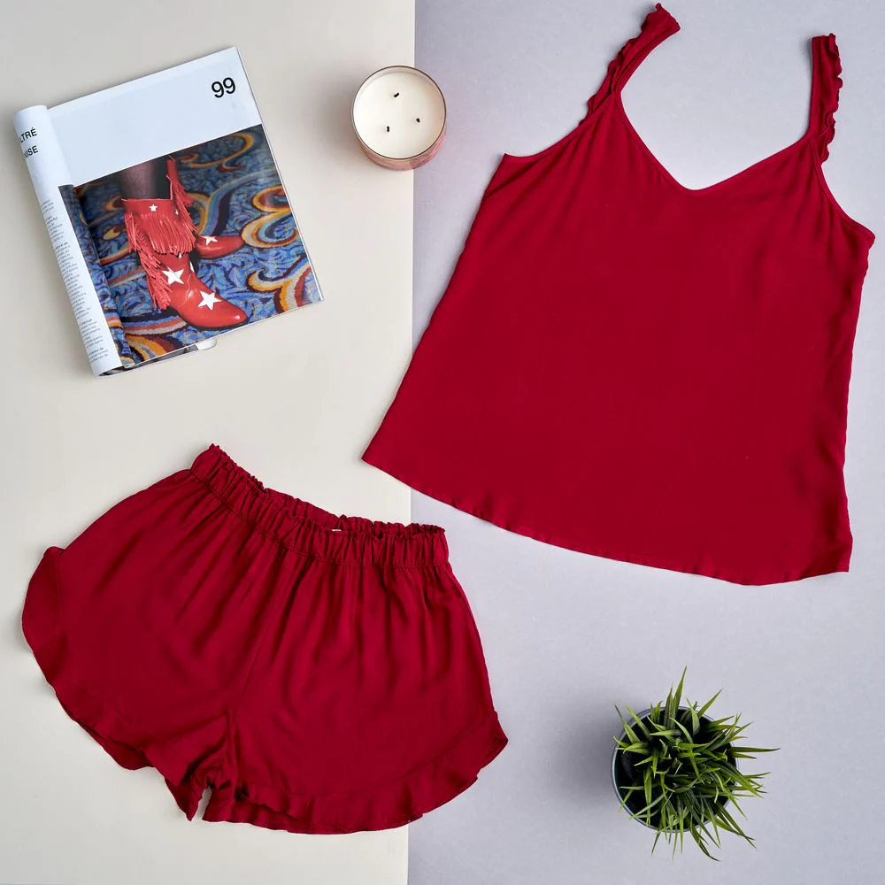 Women summer pajama set ruffles straps Burgundy shoulders ruffles top + ruffles shorts - Image 2