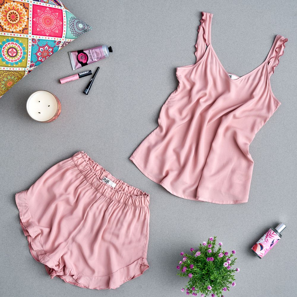 Women summer pajama set ruffles straps Cashmere shoulders ruffles top + ruffles shorts