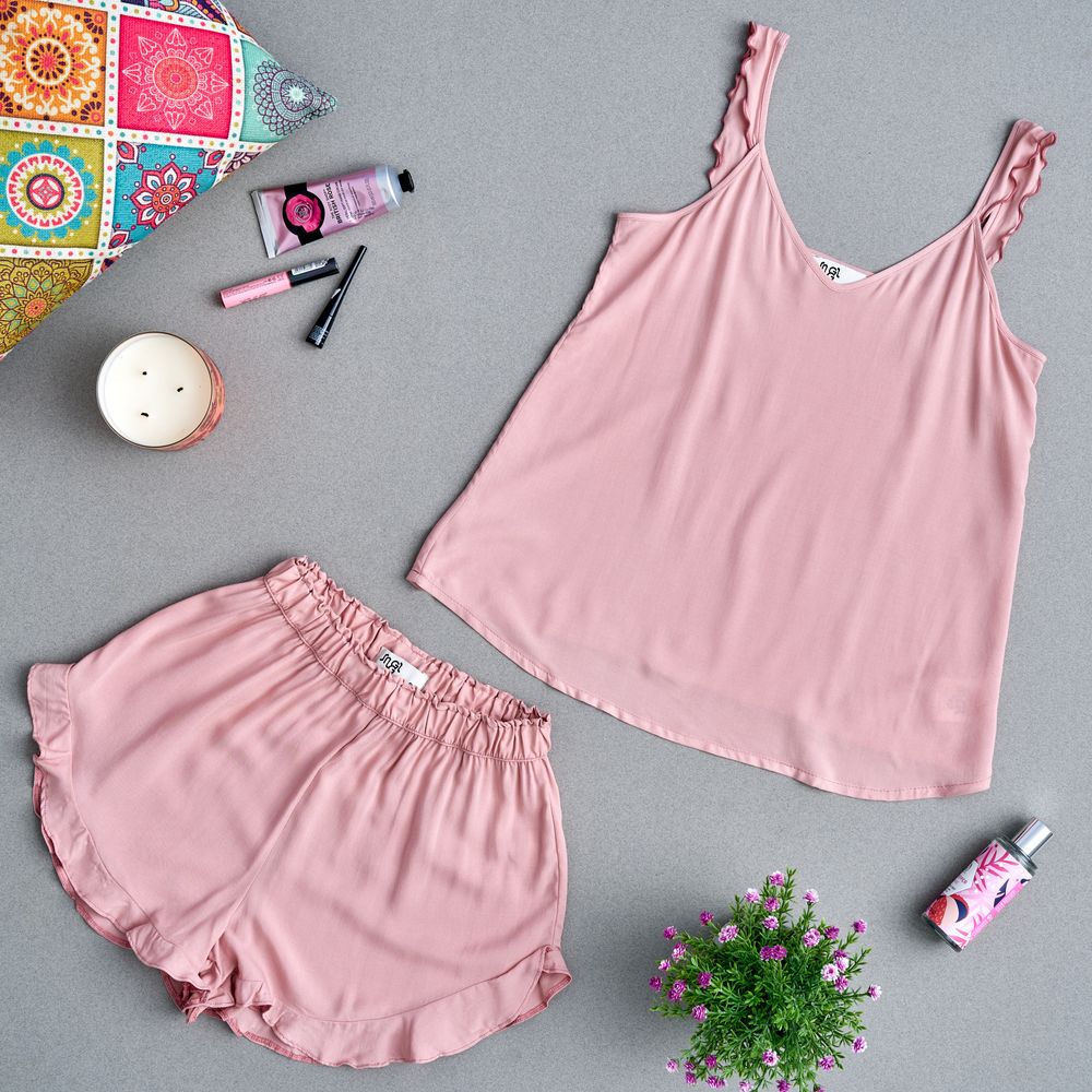 Women summer pajama set ruffles straps Cashmere shoulders ruffles top + ruffles shorts - Image 2