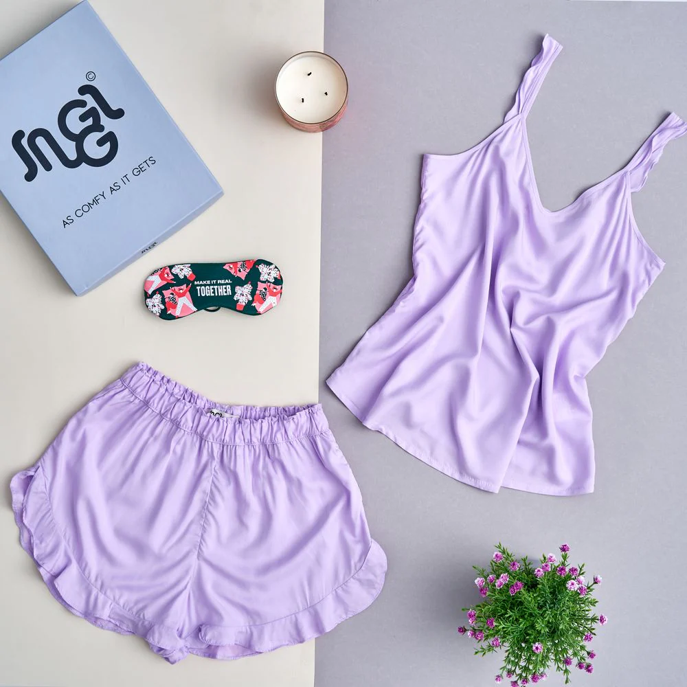 Women summer pajama set ruffles straps Purple shoulders ruffles top + ruffles shorts