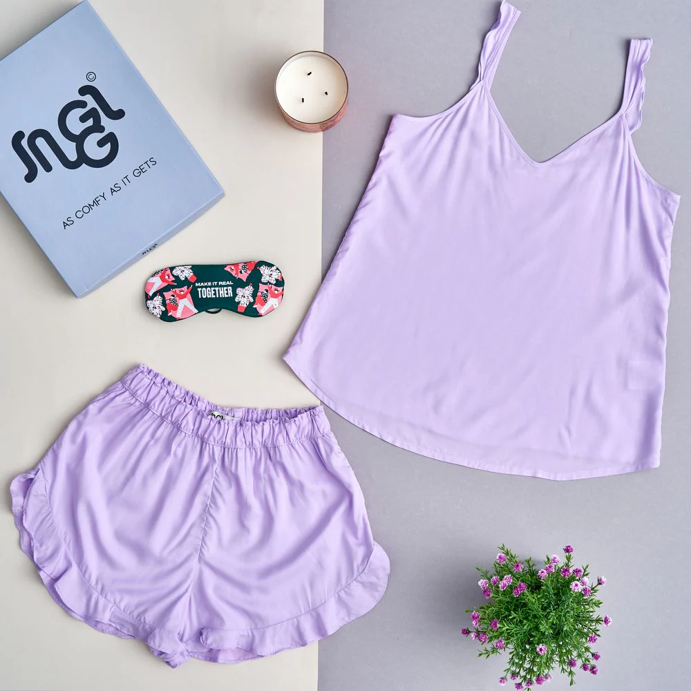 Women summer pajama set ruffles straps Purple shoulders ruffles top + ruffles shorts - Image 2