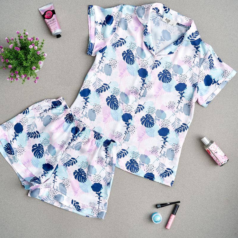 Women summer satin pajama set Seamless floral pattern buttoned shirt +short - Image 2