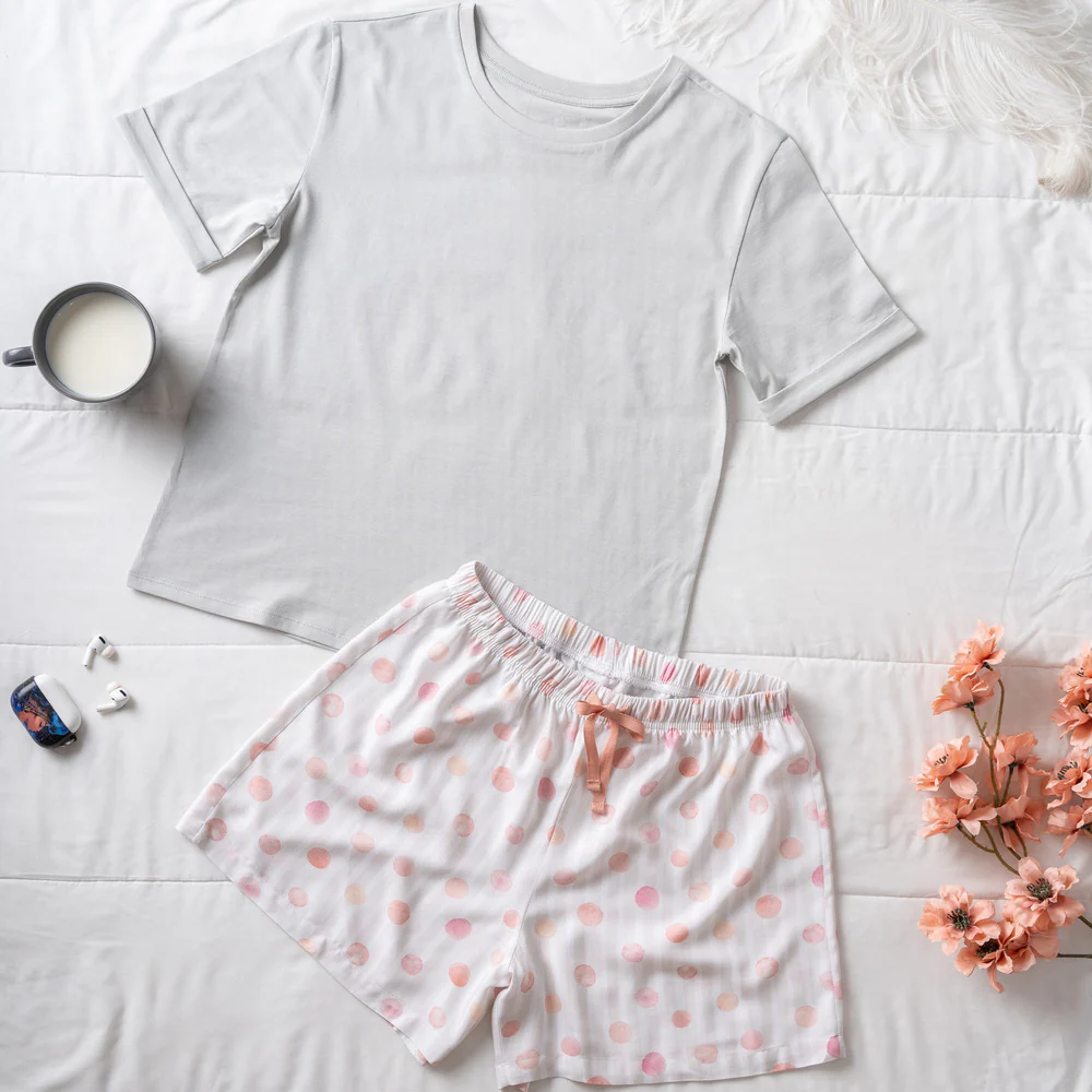 Women summer pajama set Silver Grey Tee + Watercolor Bubbles shorts - Image 3