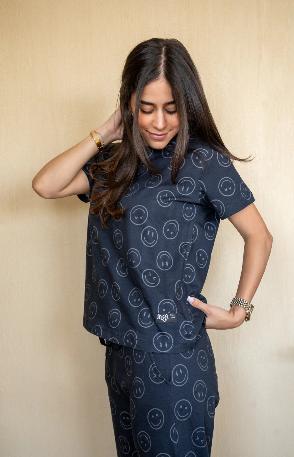 Women summer pajama set Smiley Face T-shirt + Pants - Image 4
