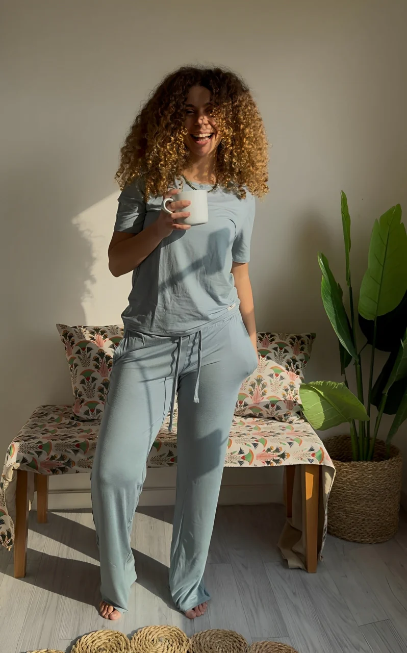 Women summer pajama set Tinted aqua shirt + Pants - Image 4