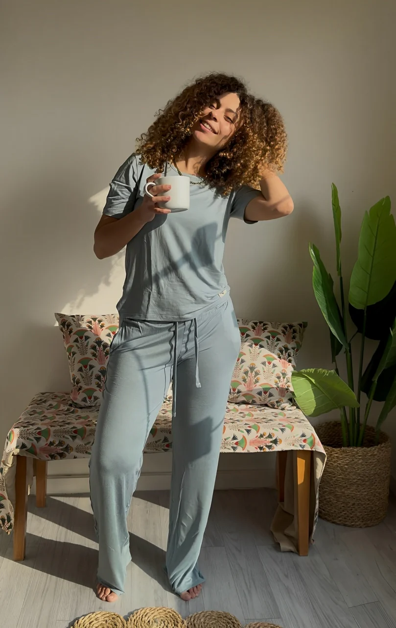 Women summer pajama set Tinted aqua shirt + Pants - Image 5