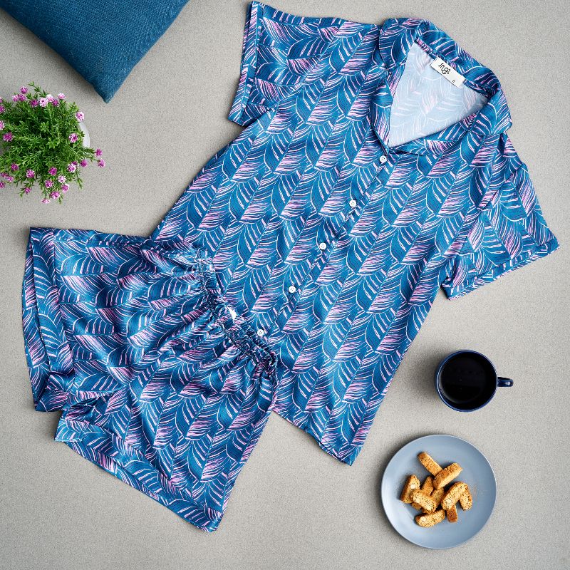 Women summer satin pajama set Petroleum x cashmere leaves buttoned shirt +short - Image 2
