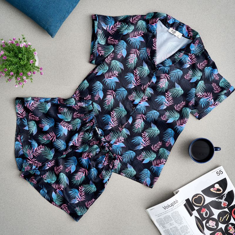 Women summer satin pajama set Black tropical leaves buttoned shirt +short - Image 2