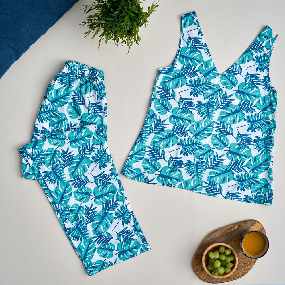 Women summer pajama set  Tropical leaves top + Pants - Image 2