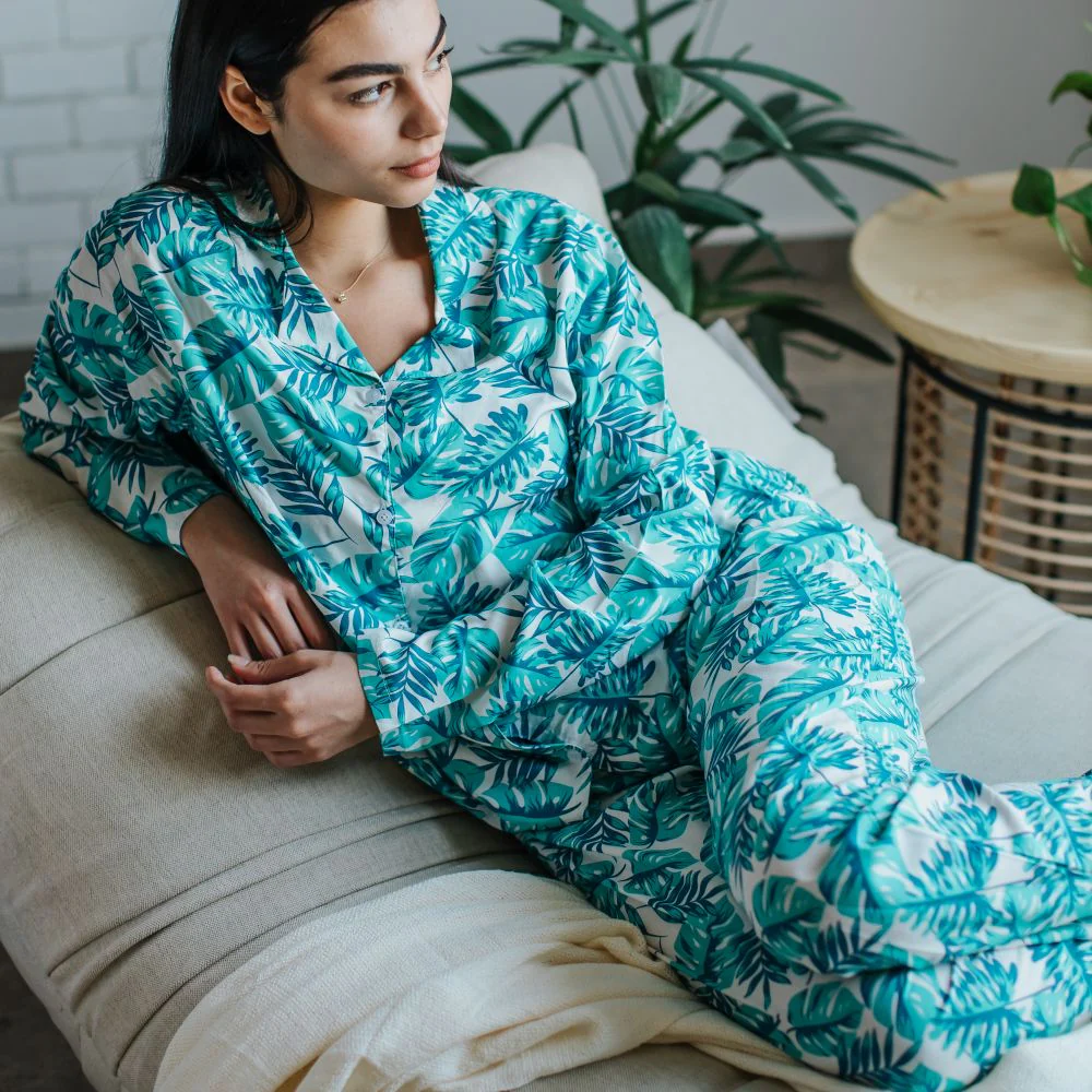 Women summer pajama set Turquoise Leaves buttoned shirt + Pants - Image 3