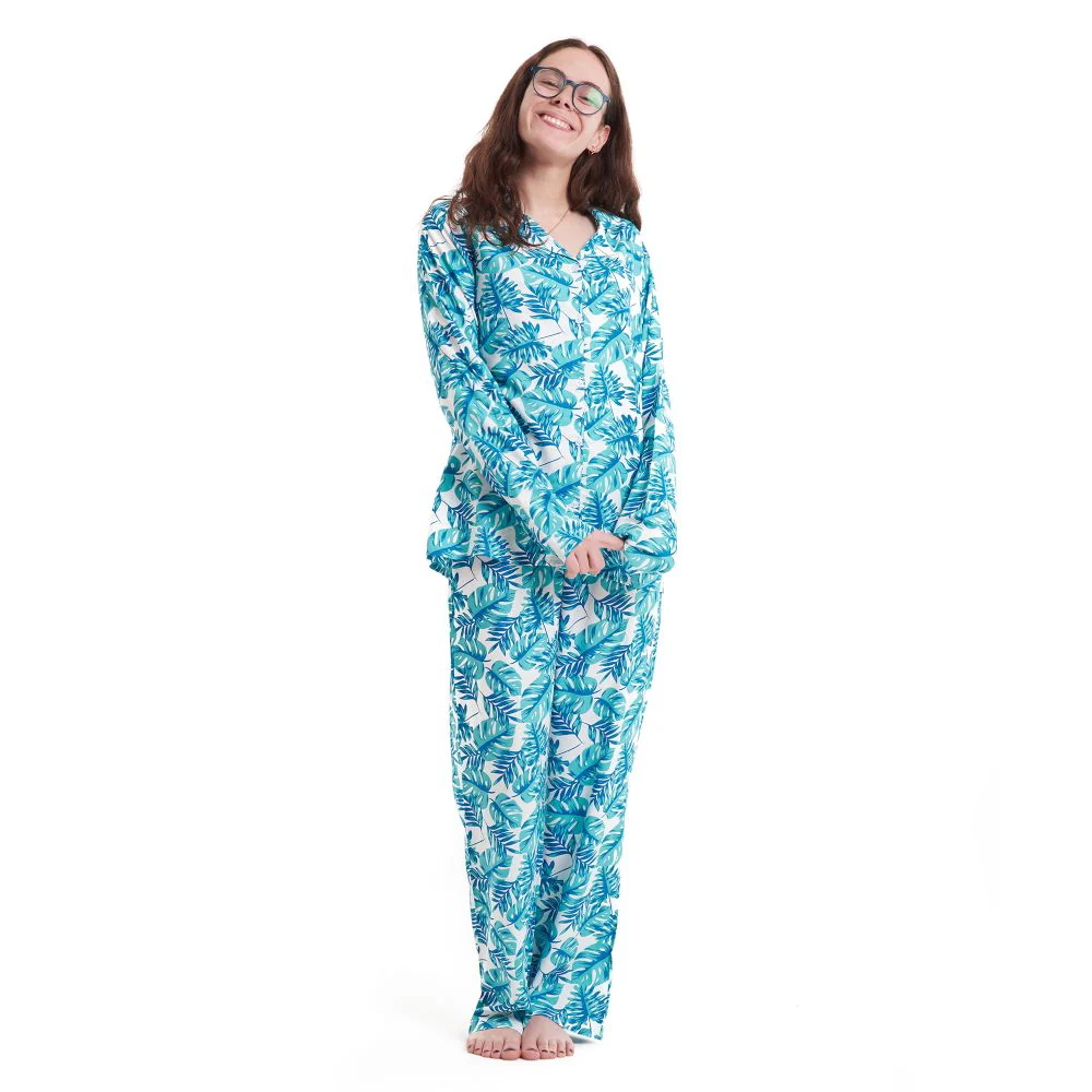 Women summer pajama set Turquoise Leaves buttoned shirt + Pants - Image 4
