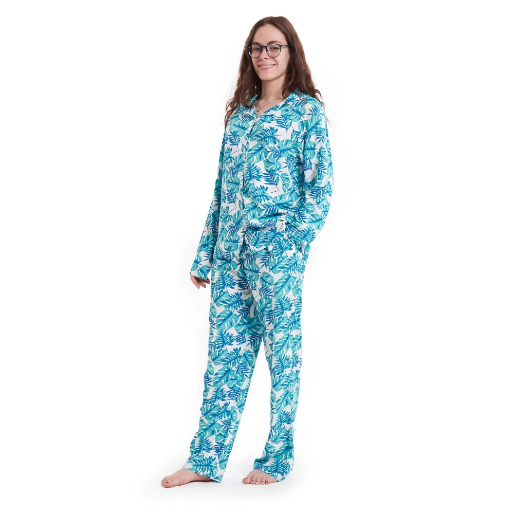 Women summer pajama set Turquoise Leaves buttoned shirt + Pants - Image 5