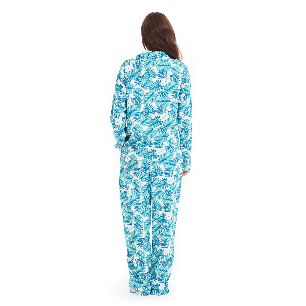 Women summer pajama set Turquoise Leaves buttoned shirt + Pants - Image 6