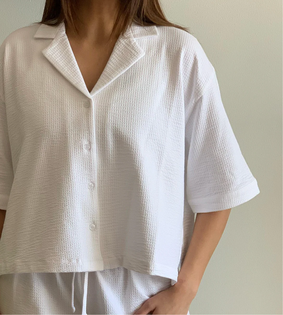 Women summer pajama set White buttoned Shirt+ Pants - Image 2