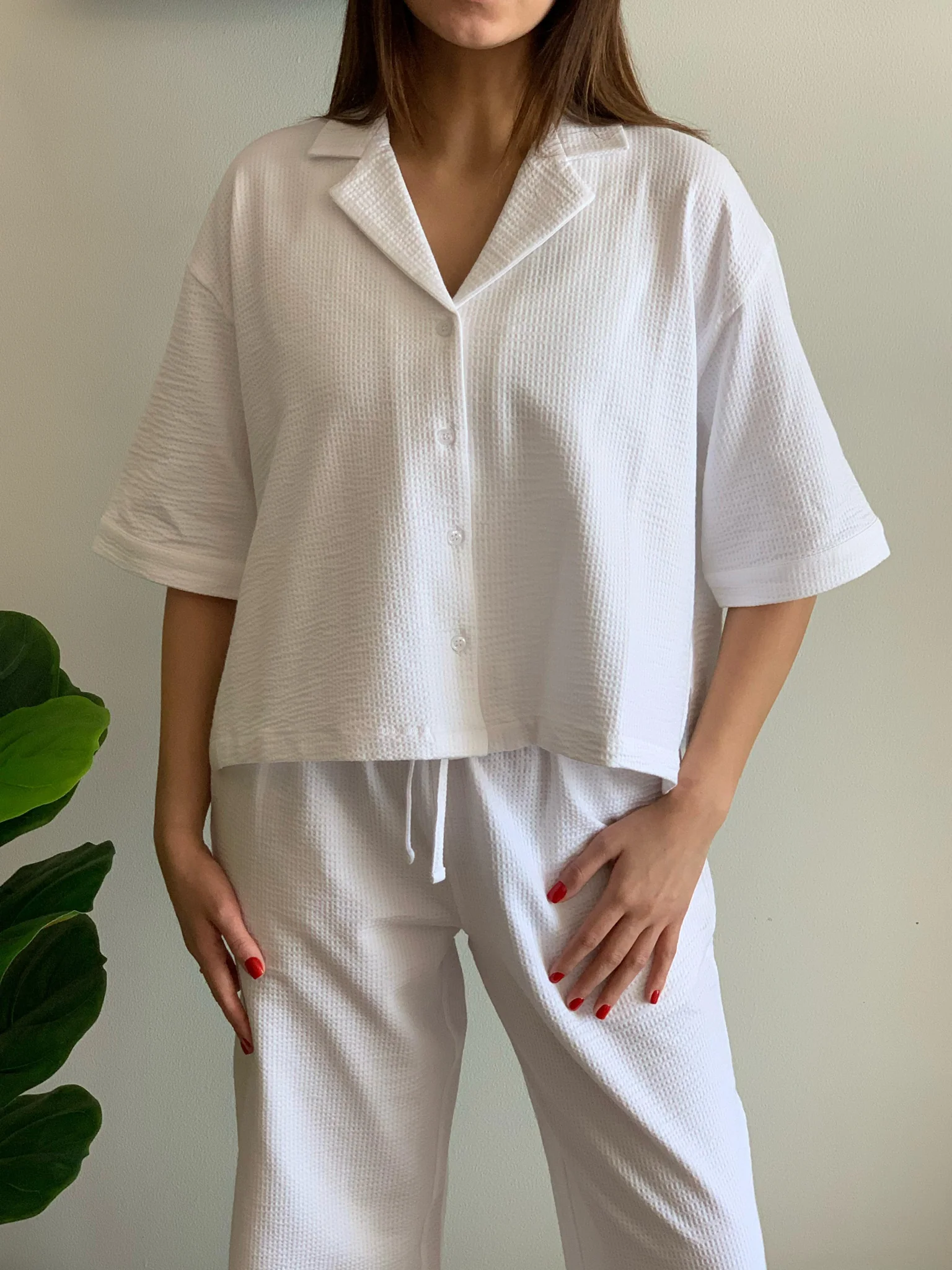 Women summer pajama set White buttoned Shirt+ Pants - Image 3