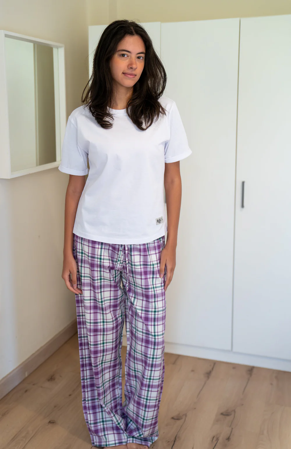 Women summer pajama set White T-shirt + Green X Purple Tartan Plaid Pants - Image 3